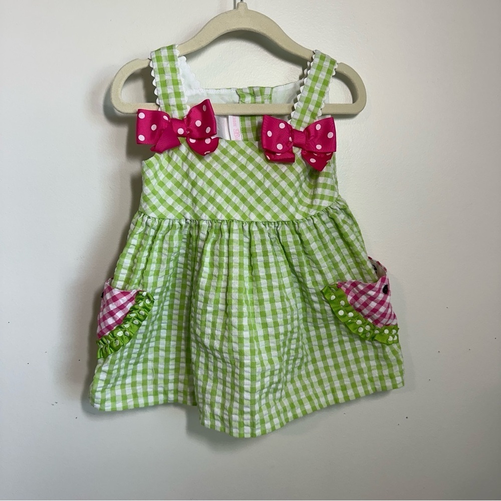 Bonnie Baby Green and Pink Seersucker Watermelon Girls Sundress Sz 24 M